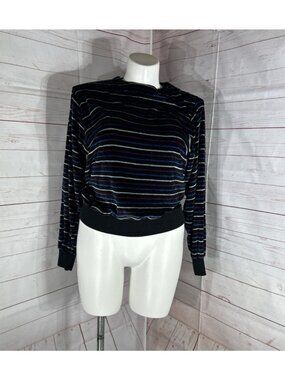 Vintage Ms Casuals Tag XL  velvety shirt, stripes velour Black purple Blue Top